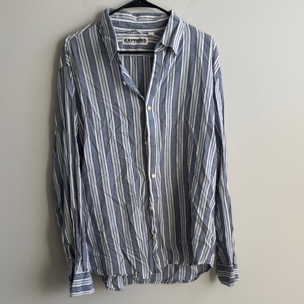 Express Men's Casual Blue and White Striped Shirt